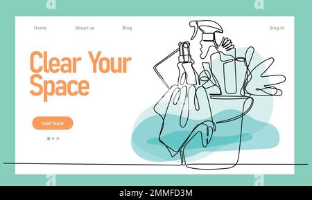 Home pulizia servizio landing page design concetto, illustrazione di janitors con strumenti di pulizia. Illustrazione vettoriale Illustrazione Vettoriale