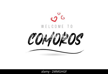 Benvenuti alle COMORE testo tipografia con cuore rosso d'amore e nome nero. Modello creativo scritto a mano parola icona logo design Illustrazione Vettoriale