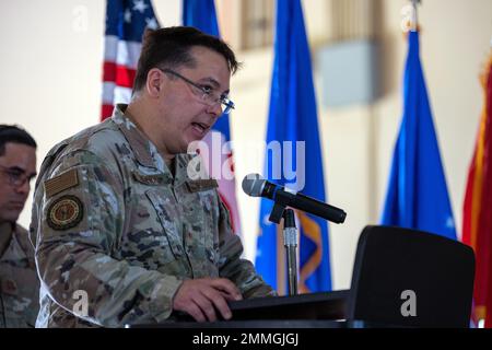 U.S. Air Force Brig. Il generale Travis Acheson, ex assistente generale della Guardia Nazionale aerea di Puerto Rico, parla durante la CERIMONIA del cambio di comando dell'ATAG presso la base della Guardia Nazionale di Muñiz Air, Carolina, Puerto Rico, 17 settembre 2022. La cerimonia del cambio di comando ha avuto luogo durante la trivella programmata a settembre. Foto Stock