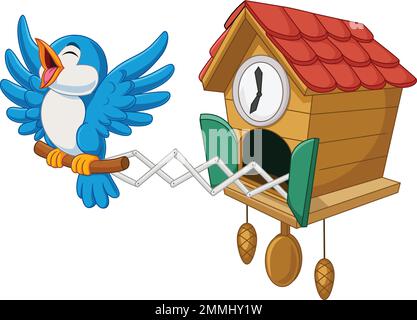 Orologio a cucù con blu cinguettio degli uccelli Illustrazione Vettoriale