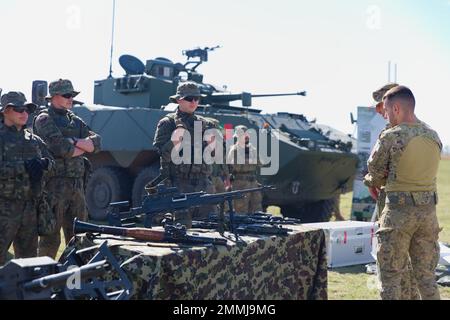 I soldati portoghesi, assegnati al contingente militare portoghese, vedono i sistemi di armi polacchi come parte di una visualizzazione statica durante Exercise Justice Eagle, presso la Smardan Training Area, Romania, il 19 settembre 2022. Sotto il comando e il controllo della 101st Divisione Airborne (Air Assault); 1st battaglione, 8th reggimento di fanteria, continua a rafforzare il fianco orientale della NATO e a impegnarsi in esercitazioni multinazionali come Justice Eagle con alleati e partner in tutto il continente europeo per rassicurare gli alleati della nostra Nazione. Foto Stock