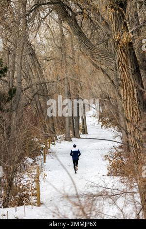 Runner sul Clear Creek Trail in inverno. Golden, Colorado, Stati Uniti Foto Stock