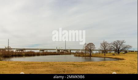 Sylvan Avenue Bridge visto dal Trammell Crow Park a Dallas, Texas Foto Stock