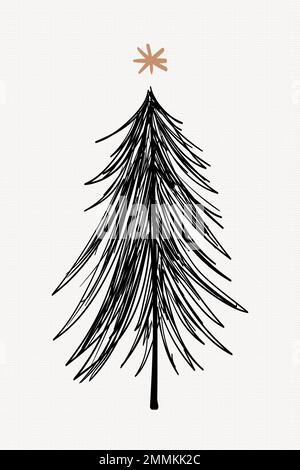 Carino adesivo albero di Natale, scarabocchio disegnato a mano in vettore nero Illustrazione Vettoriale