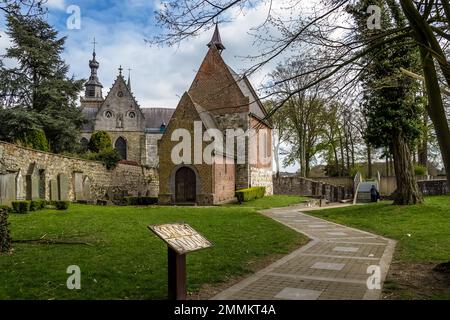 Particolare architettonico dell'edificio della Chiesa Collegiata di Saint-Ursler, situato a Binche, nella provincia belga dell'Hainaut. L'edificio in gran parte gotico Foto Stock