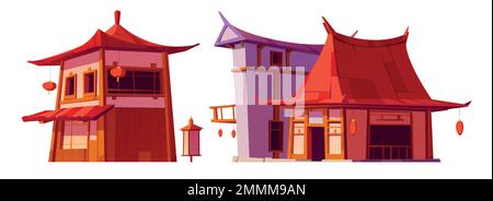 Architettura asiatica, case cinesi, edifici orientali tradizionali in Cina. Edifici cittadini asiatici con tetto rosso, pareti in legno e lanterne, illustrazione vettoriale dei cartoni animati Illustrazione Vettoriale