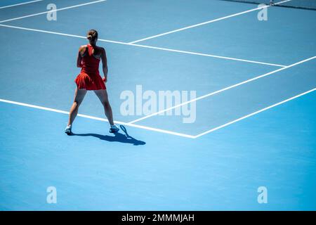 Folle che guardano una atleta professionista giocatore di tennis che gioca su un campo in un torneo di tennis in estate Foto Stock