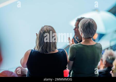 Folle che guardano una atleta professionista giocatore di tennis che gioca su un campo in un torneo di tennis in estate Foto Stock