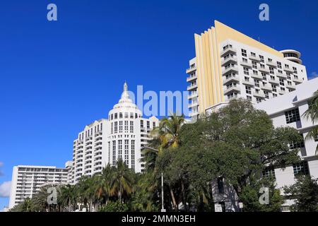 Collins Avenue Art Deco skyline di Miami Beach, Florida Foto Stock