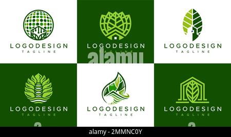 Pacchetto di design con logo Green House. Set di logo foglia home branding vettore. Illustrazione Vettoriale