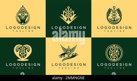 Collezione di modelli di design del logo della farmacia. Set di logo vettoriali per il settore sanitario. Illustrazione Vettoriale