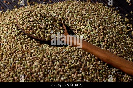 Il grano saraceno verde non lavorato è sparso sul tavolo e un cucchiaio di legno riempito con grani di grano saraceno Foto Stock