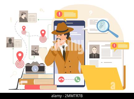 Vettore piatto dell'applicazione mobile Detective online service Illustrazione Vettoriale
