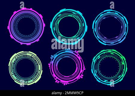 Elementi futuristici HUD. Obiettivo ottico astratto al neon. Forme geometriche circolari per l'interfaccia virtuale e i giochi. Mirino della fotocamera per arma da cecchino Illustrazione Vettoriale