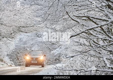 Un'auto viaggia attraverso la panoramica azienda vinicola Exmoor dopo una nevicata che attraversa la Gran Bretagna, Regno Unito Foto Stock