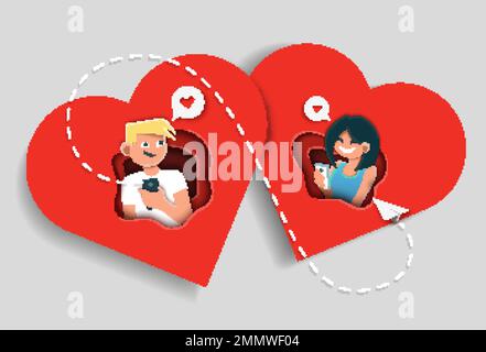 Online dating app concept, illustrazione vettoriale in stile carta arte Illustrazione Vettoriale