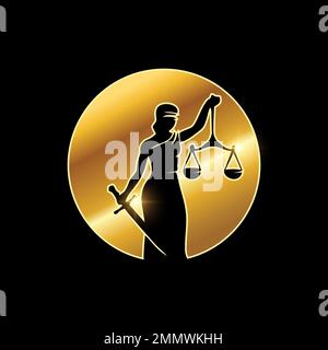 Vettore isolato Illustrazione di Golden Lady Justice icona vettoriale su sfondo nero con effetto lucentezza oro Illustrazione Vettoriale
