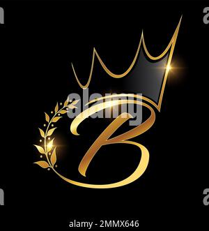 Illustrazione vettoriale della corona d'oro e del monogramma foglia lettera iniziale su sfondo nero con effetto lucentezza oro Illustrazione Vettoriale
