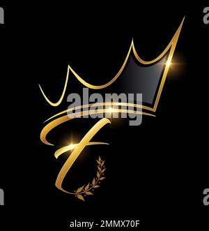 Vector Illustration of Gold Crown and Leaf Monogram lettera iniziale F su sfondo nero con effetto oro brillante Illustrazione Vettoriale