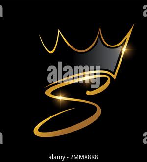Vector Illustration of Gold Crown and Leaf Monogram lettera iniziale S su sfondo nero con effetto oro brillante Illustrazione Vettoriale