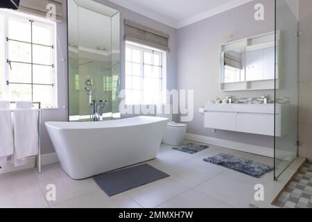 Bagno indipendente nel lussuoso bagno moderno di casa, con spazio copia. Design degli interni, comfort e concetto di vita domestica. Foto Stock