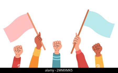 Persone che detengono bandiere su dimostrazione di protesta o picket. Le persone contro la violenza, la discriminazione, la violazione dei diritti umani. Illustrazione Vettoriale