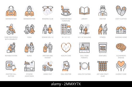 Set di icone per la linea di assistenza agli anziani. Nonno, donna anziana, infermieristica, riabilitazione, sedia a rotelle, illustrazione vettoriale degli occhiali. Delineare i segni sulla vecchia Illustrazione Vettoriale