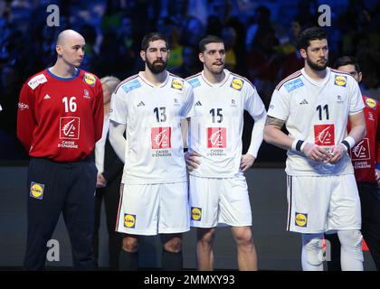 Charles Bolzinger, Nikola Karabatic, Mathieu Grebille e Nicolas Tournat di Francia durante il Campionato Mondiale IHF Men's 2023, incontro finale di Handball tra Francia e Danimarca il 29 gennaio 2023 alle Tele2 Arena di Stoccolma, Svezia - Foto Laurent Lairys / DPPI Foto Stock