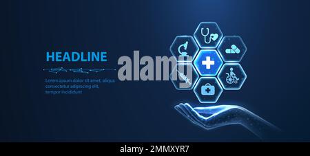 Icone mediche all'interno degli esagoni intorno alla croce medica e tenendo la mano. Piano sanitario, tecnologia digitale per il servizio ai pazienti, integrazione ai, futuristica Illustrazione Vettoriale