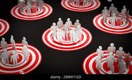 Concetto di gruppi target con persone su reticoli target. Illustrazione 3D. Foto Stock