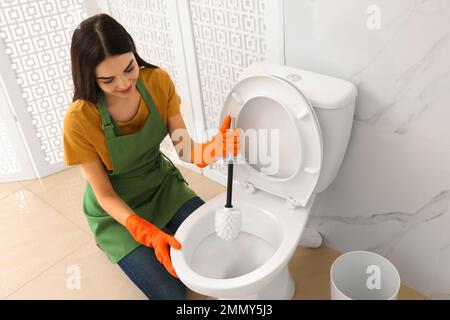 Pulizia e pulizia. Shot di una giovane donna che pulisce un bagno wc Foto  stock - Alamy