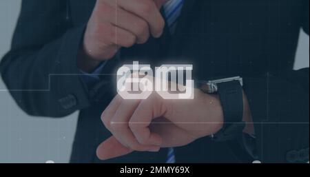 Composizione di testo 6g e rete di connessioni su uomo d'affari utilizzando smartwatch Foto Stock