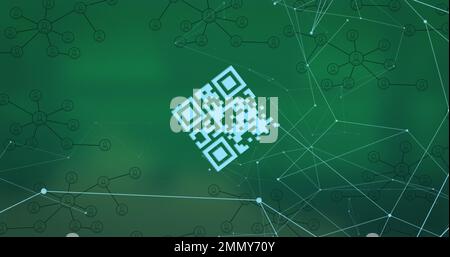 Composizione rete di connessioni con codice qr e icone su sfondo verde Foto Stock