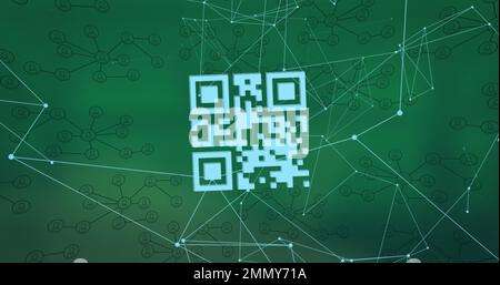 Composizione rete di connessioni con codice qr e icone su sfondo verde Foto Stock