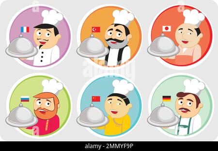 Personaggi del cuoco tradizionale. Chef di diverse nazionalità che cucinano mascotte. Set di caratteri vettoriali piatti Illustrazione Vettoriale