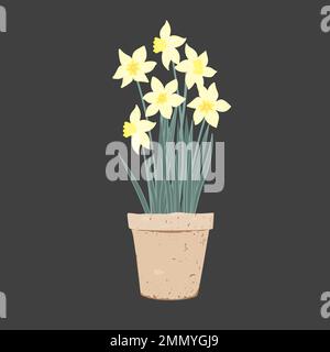 Pianta di Daffodil in vaso. Primi fiori di primavera in una pentola di argilla. Illustrazione vettoriale isolata su sfondo bianco Illustrazione Vettoriale