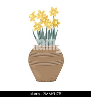 Pianta di Daffodil in vaso. Primi fiori primaverili in una pentola d'argilla vintage. Illustrazione vettoriale isolata su sfondo bianco Illustrazione Vettoriale