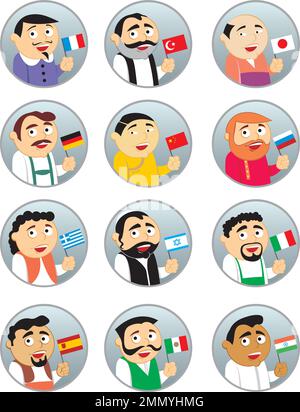 Diversità di persone che tiene bandiere del mondo. Personaggi uomini tradizionali che detengono bandiere di paesi diversi. Set di icone arrotondate vettoriali piatte. Illustrazione Vettoriale