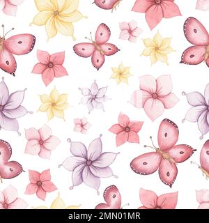 Motivo floreale acquerello senza cuciture, elementi floreali rosa con farfalle; per involucri, sfondi, cartoline, biglietti d'auguri, inviti di nozze Foto Stock