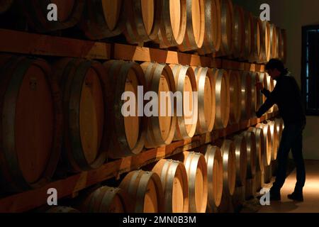 Francia, Lot, Albas, Chateau Eugenie, maestro di cantina che prende un campione di vino Foto Stock