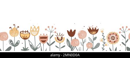 Fiabe fiori bordano in stile folk scandinavo, senza cuciture motivo vettoriale. Ripetizione Doodle fiore sfondo prato. Design per tessuto, schede Illustrazione Vettoriale