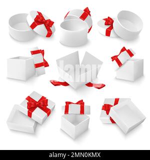 Set mockup scatola regalo aperta bianca, illustrazione con isolamento vettoriale Illustrazione Vettoriale