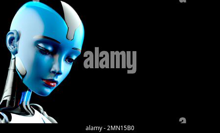 Robot umanoide Cyber Girl con intelligenza artificiale - Illustrazione digitale 3D su sfondo nero Foto Stock
