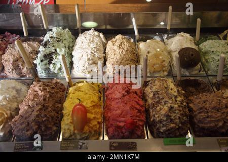 Vari gusti di gelato in negozio, Firenze, Italia. Foto Stock