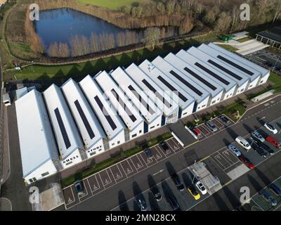 Vista aerea dell'edificio ristrutturato Shell Store presso il business Park di Skylon Park a Hereford, nel gennaio 2023 Foto Stock