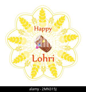 Biglietto di auguri Happy Lohri, per la festa indiana del raccolto invernale, con tamburo di dhol, grano Illustrazione Vettoriale