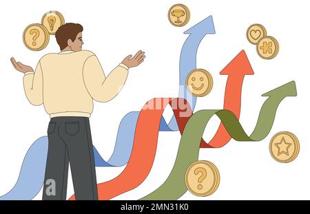 L'uomo piatto sceglie il giusto senso al successo. Uomo d'affari che prende la decisione. Persona o studente confuso che guarda più percorsi e pensa al percorso giusto. Sfida aziendale o concetto di scelta. Illustrazione Vettoriale
