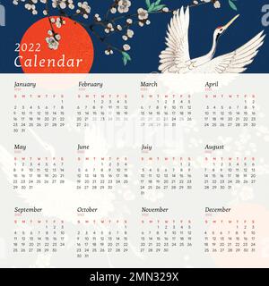 Modello di calendario mensile vintage 2022, vettore modello giapponese. Remix da opere d'arte vintage di Watanabe Seitei. Illustrazione Vettoriale