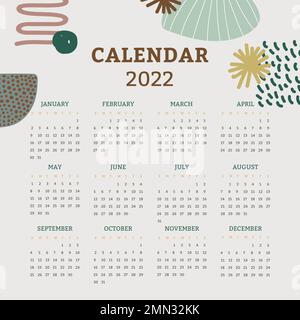 modello di calendario mensile 2022, vettore di disegno floreale di memphis Illustrazione Vettoriale