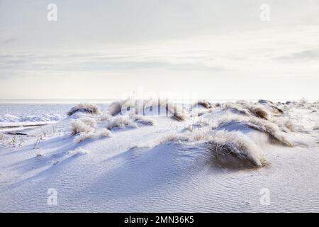 Paesaggio surreale di onda di Riple di duna di sabbia coperta di neve nel deserto in Kazakistan in inverno Foto Stock